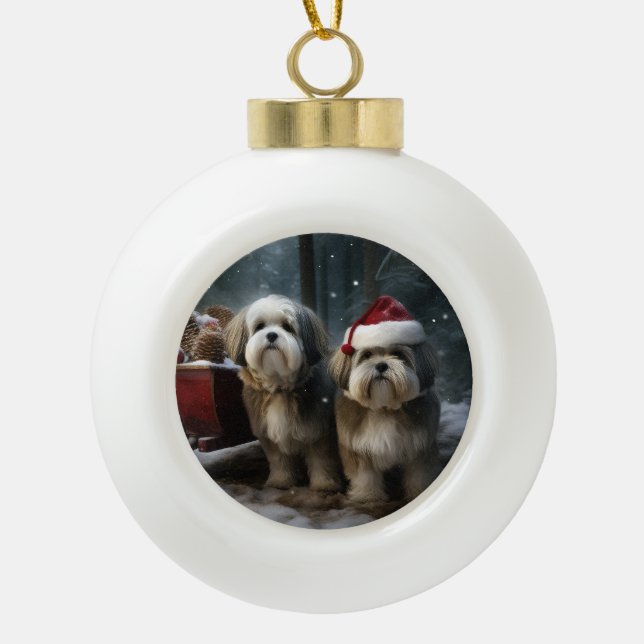Malti tzu Snowy Sleigh Weihnachtsdekor Keramik Kugel-Ornament (Vorderseite)