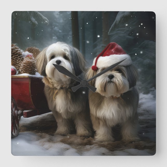 Malti tzu Snowy Sleigh Weihnachtsdekor Quadratische Wanduhr (Vorderseite)