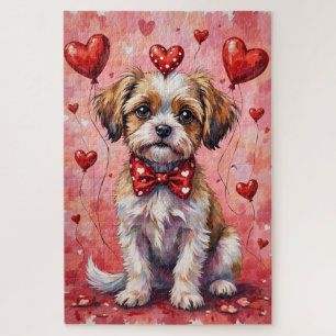 Malti Tzu Valentine Hund sitzt mit Herzen Rot