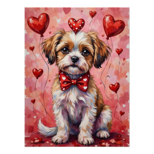 Malti Tzu Valentine Hund sitzt mit Herzen Rot Poster