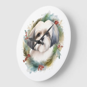 Malti Tzu Weihnachts-Kranz Festiver Hund Große Wanduhr