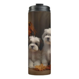Malti Tzu Welpe Herbstvergnügen Kürbis Thermosbecher