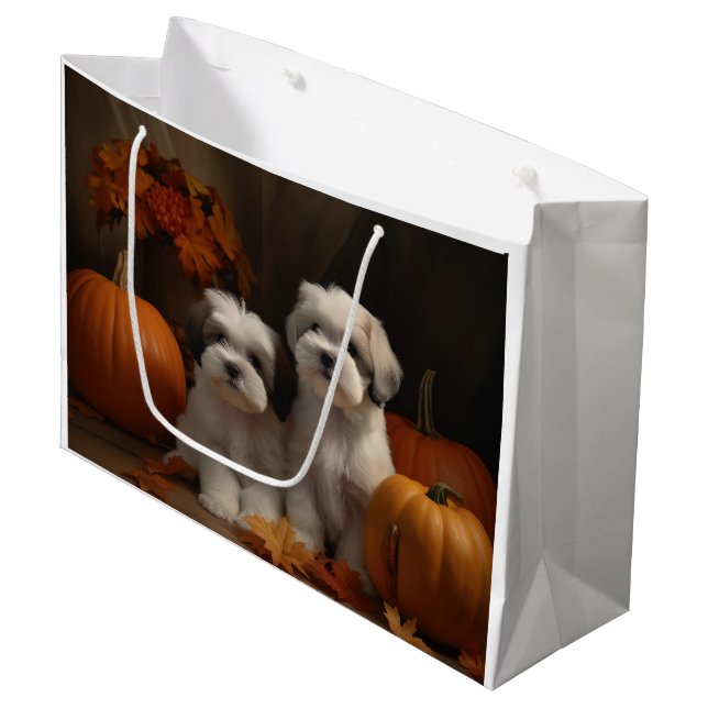 Malti tzu Welppy Autumn Delight Pumpkin Große Geschenktüte (Vorderseite Schrägansicht)