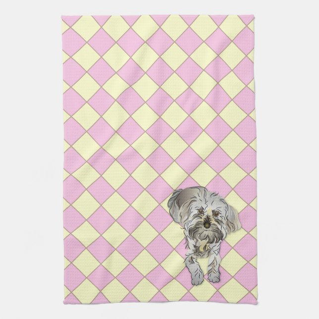 Maltipoo Puppy auf rosa Prüfmuster Handtuch (Vertikal)