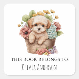 Maltipoo Welpe in Blume Basket Dieses Buch gehört Quadratischer Aufkleber