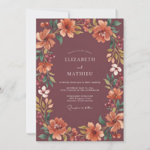 Malven-Korallen-Rustikale-Floral-Hochzeit Einladung