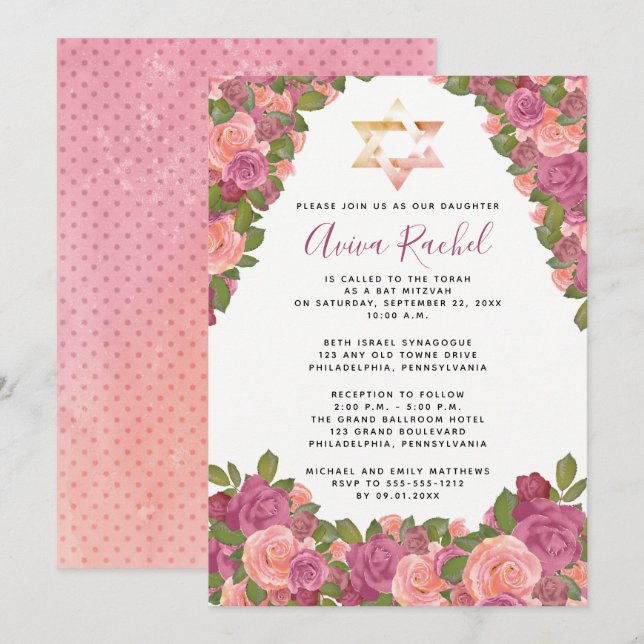Malvenfarben | Blütenrosa Aquarellfarben Bat Mitzv Einladung (Vorne/Hinten)