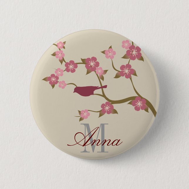 Malvenfarbenes Blumen-Vogel-Name-Knopf-Grau Button (Vorderseite)
