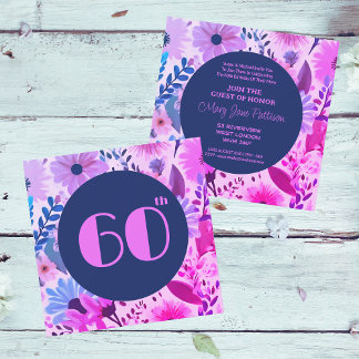 Mama 60. Geburtstag Rosa, Blau und Lila Blüte Einladung