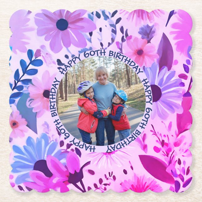 Mama 60. Geburtstag Rosa und blaues Foto Untersetzer (Vorderseite)