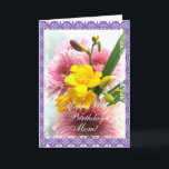 Mama 80. Geburtstag Freesias ändern Alter) Karte<br><div class="desc">Geburtstagskarte mit Spitzenrahmen und Foto von Blume: Freesias und Mums auf lila / Lavendeluntergrund. Personalisieren Sie Ihre Nachricht! Tarjeta postalisch en ingles con una foto de flores amarillas y rosadas para el cumples de una mama. Personalisieren Sie su mensaje! (puede replazar el texto escrito) Fotografie von Maria Santos (Lusinhas do...</div>
