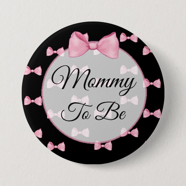Mama als Pink Bow Baby Showknopf Schwarz Button (Vorderseite)