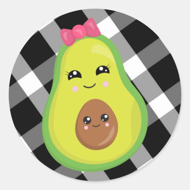Mama Avocado auf schwarz/weiß Gingham Runder Aufkleber (Vorderseite)