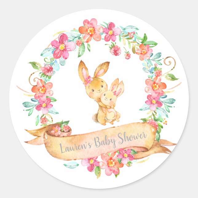 Mama Baby Bunny Floral Wreath Frühlingsdusche Even Runder Aufkleber (Vorderseite)