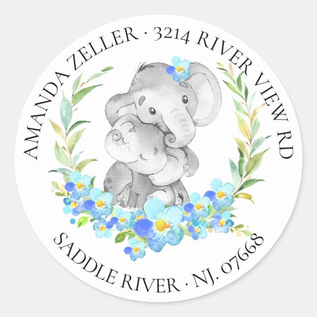Mama & Baby Elephant Dusche Rücksendeadresse Runder Aufkleber (Vorderseite)
