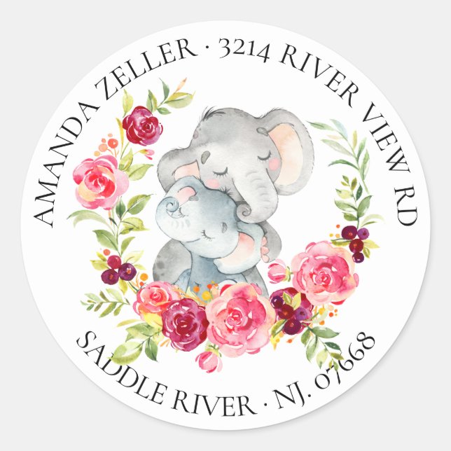 Mama & Baby Elephant Dusche Rücksendeadresse Runder Aufkleber (Vorderseite)