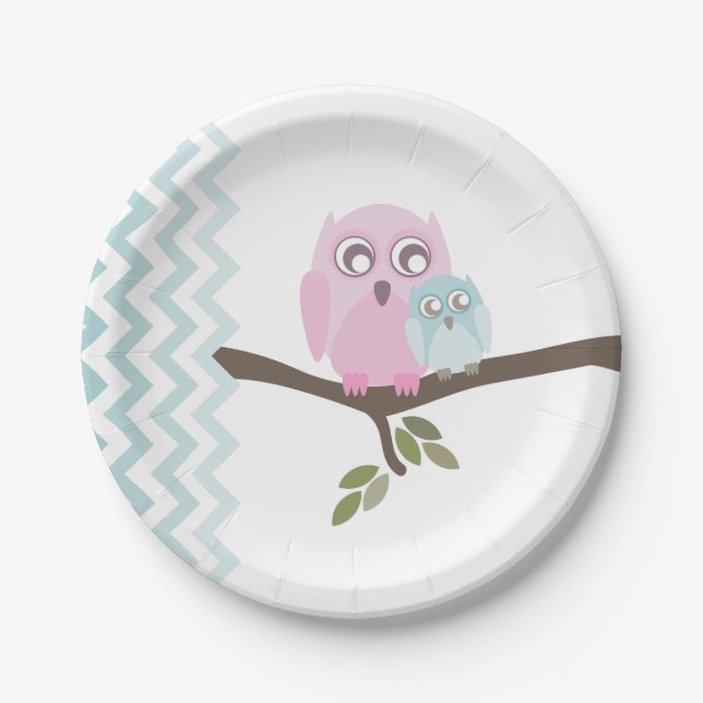Mama + Baby-Eulen-Babyparty Pappteller (Vorderseite)