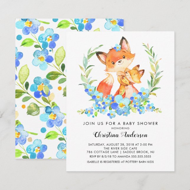 Mama & Baby Fox Babydusche Einladung (Vorne/Hinten)
