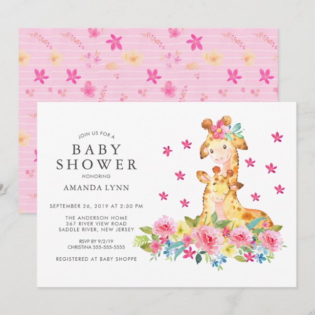 Mama Baby Giraffe Baby Girl Dusche Einladung (Vorne/Hinten)