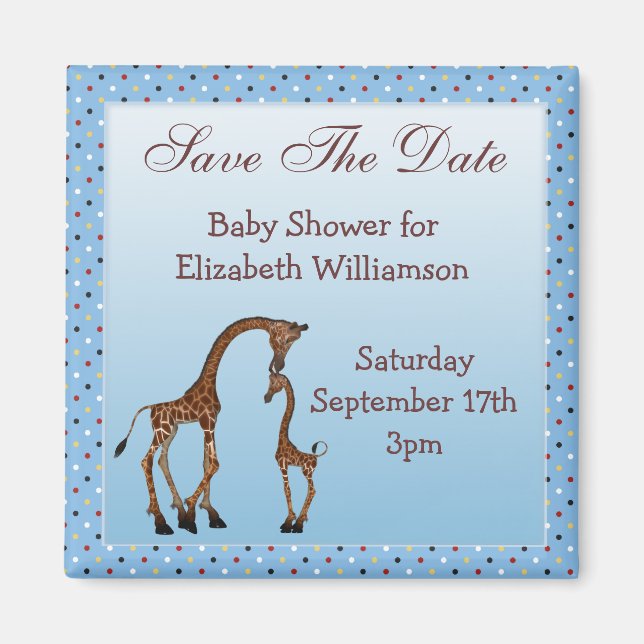 Mama & Baby Giraffe Blue Save the Date Baby Dusche Magnet (Vorne)