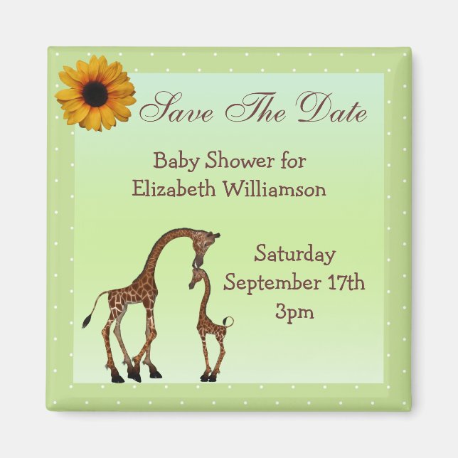 Mama & Baby Giraffe Green Save the Date Baby Dusch Magnet (Vorne)