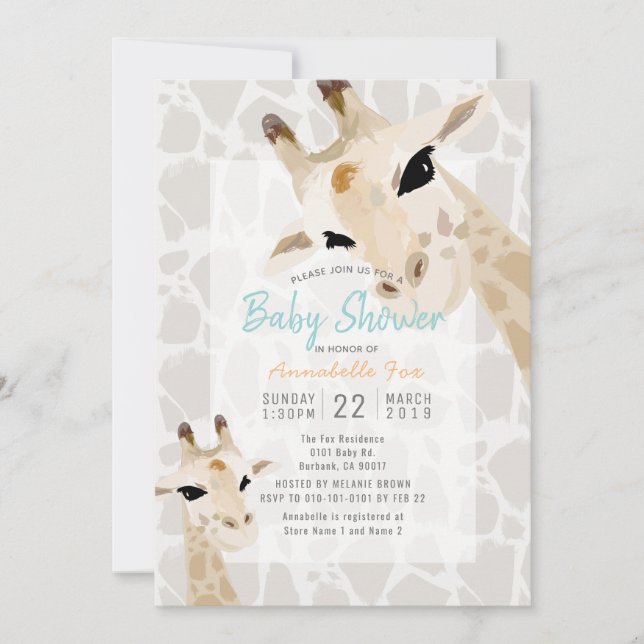 Mama & Baby Giraffe Greige Watercolor Kinderdusche Einladung (Vorderseite)