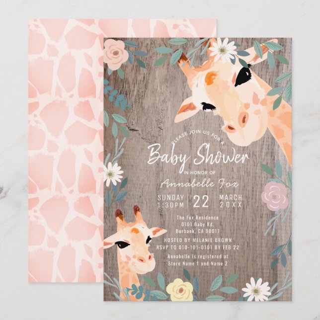 Mama & Baby Giraffe Rustic Wood Floral Baby Dusche Einladung (Vorne/Hinten)