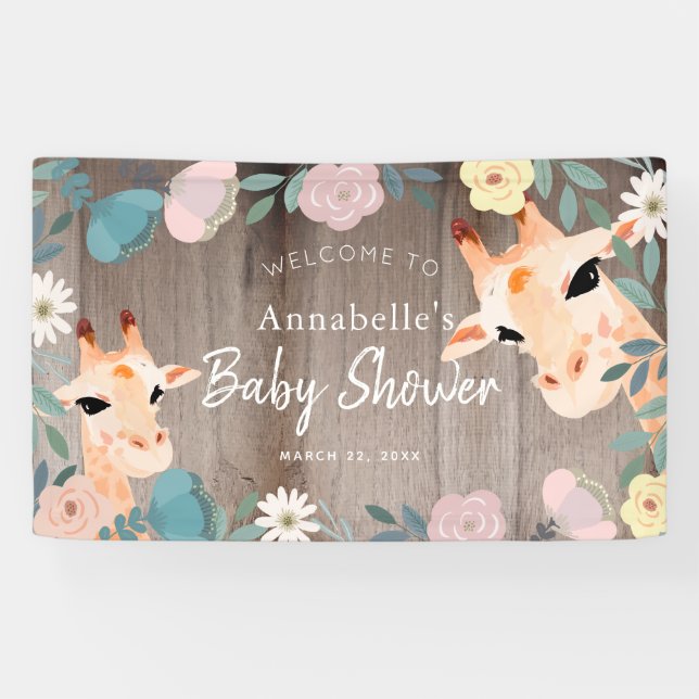 Mama & Baby Giraffe Wood Floral Baby Dusche Willko Banner (Horizontal)