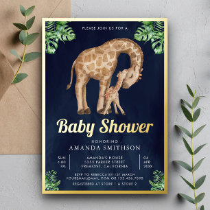 Mama Baby-Giraffen-Safari-Navy-Baby-Party Gold Folieneinladung