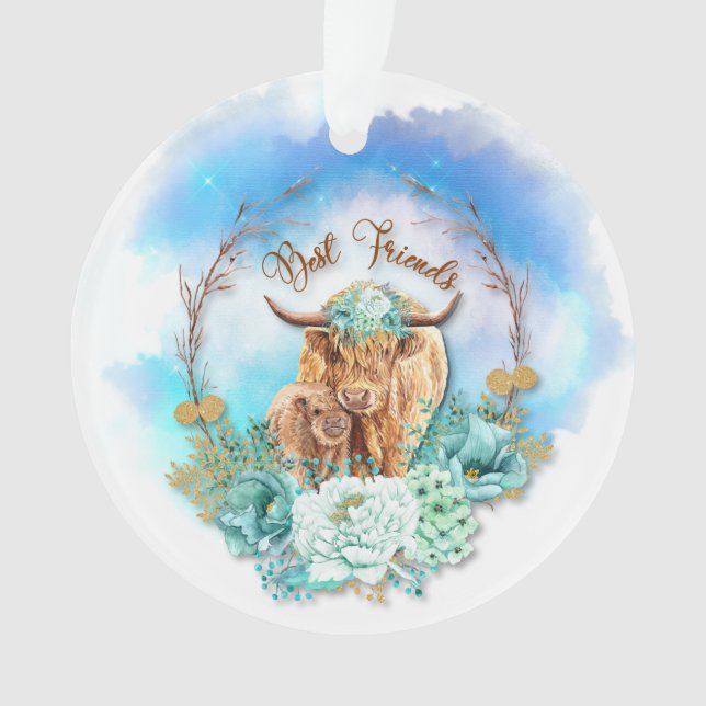 Mama Baby Highland Cows Floral Ornament (Vorderseite)