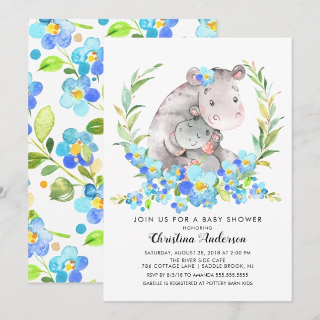 Mama & Baby Hippo Babydusche Einladung (Vorne/Hinten)