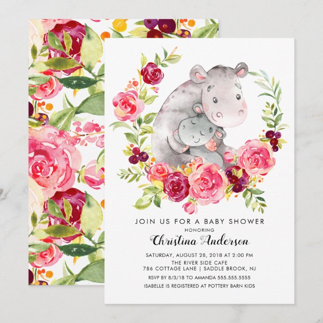 Mama & Baby Hippo Babydusche Einladung (Vorne/Hinten)