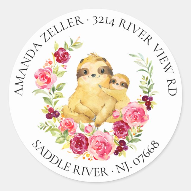 Mama & Baby Sloth Dusche Rücksendeadresse Runder Aufkleber (Vorderseite)