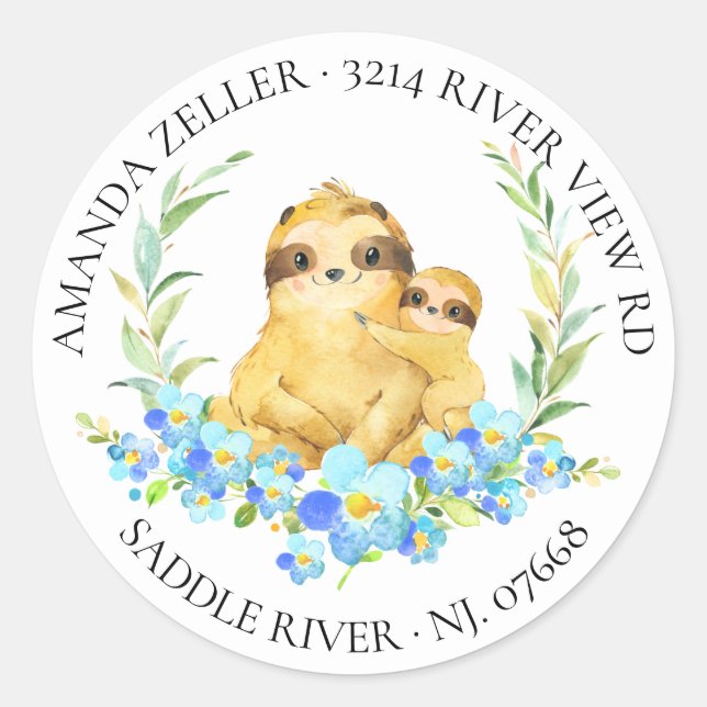 Mama & Baby Sloth Dusche Rücksendeadresse Runder Aufkleber (Vorderseite)
