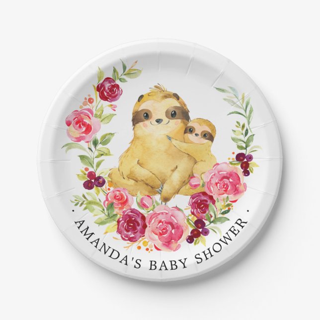 Mama & Baby Sloth Girls Babydusche 7" Platten Pappteller (Vorderseite)