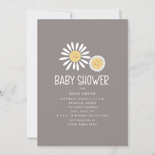 Mama Baby Smiling Daisies Amethyst Babydusche Einladung (Vorderseite)