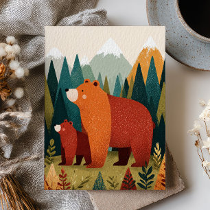 Mama Bär und Kleines Cartoon Bergwald Landschaft Postkarte