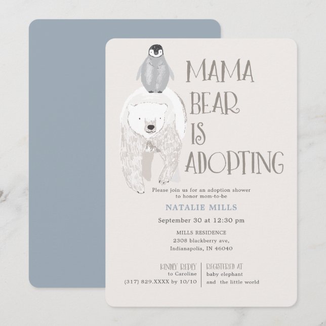 Mama Bear Adoption Blue Boy Baby Dusche Einladung (Vorne/Hinten)