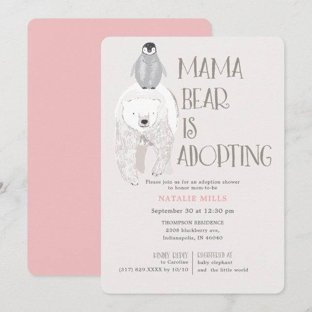 Mama Bear Adoption Pink Girl Babydusche Einladung (Vorne/Hinten)