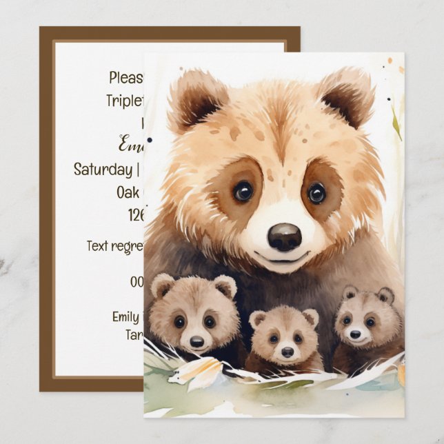 Mama Bear and Cubs Triplet Babydusche Einladung (Vorne/Hinten)