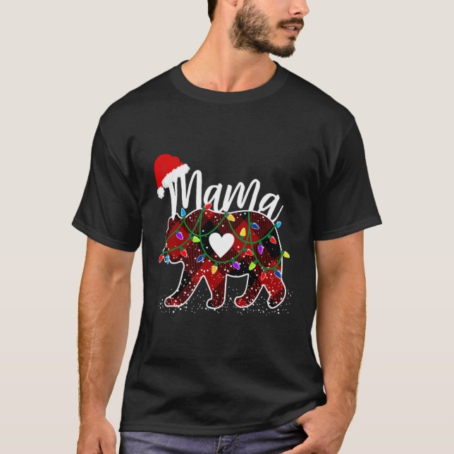 Mama Bear Christmas Red Buffalo Kariert mit Santa  T-Shirt (Vorderseite)