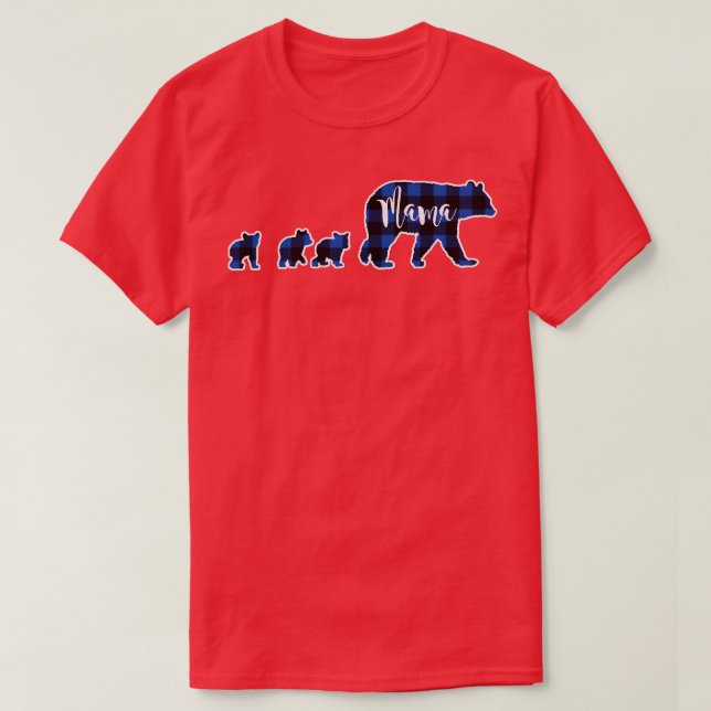 Mama Bear mit Three 3 Cubs Black Blue Buffalo Che T-Shirt (Design vorne)