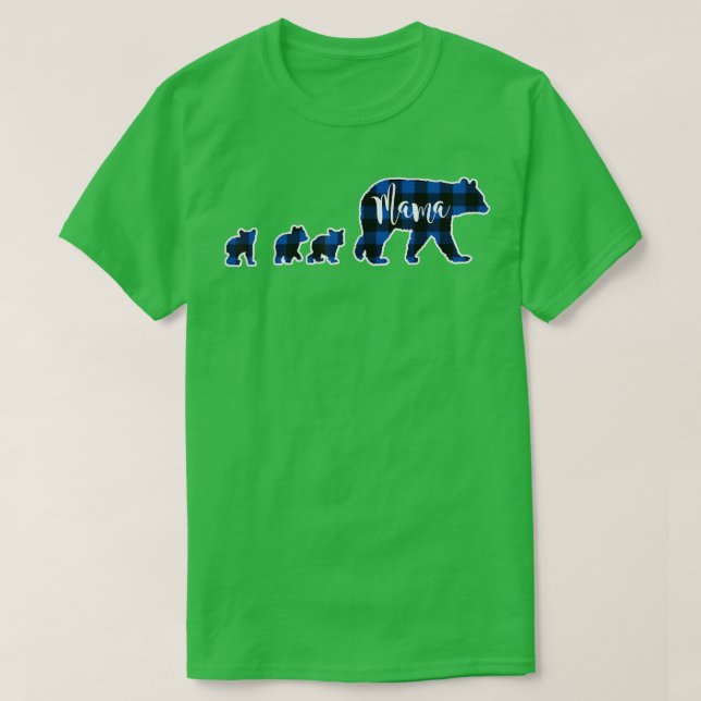 Mama Bear mit Three 3 Cubs Black Blue Buffalo Che T-Shirt (Design vorne)