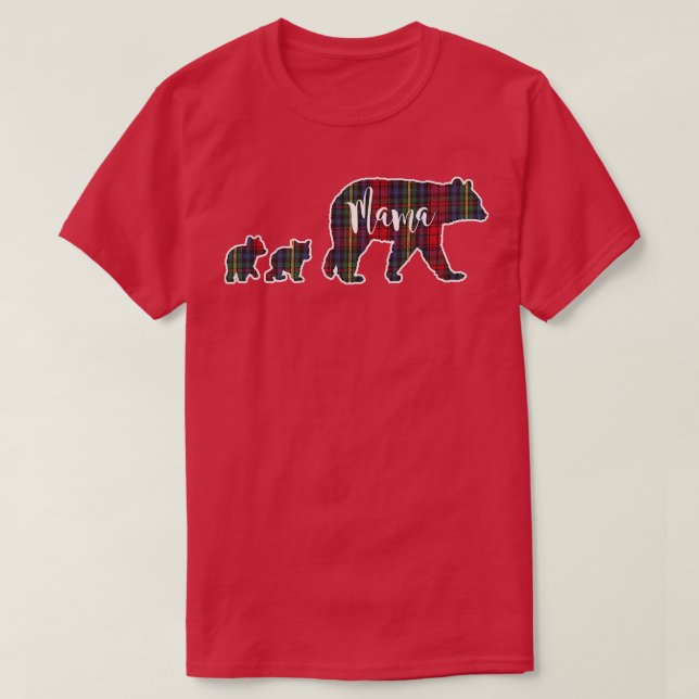 Mama Bear mit zwei 2 Cubs Tartan Kariert Blue Gree T-Shirt (Design vorne)