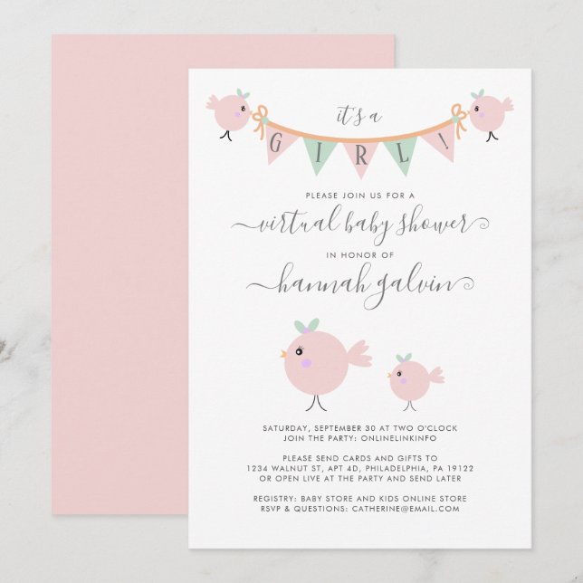 Mama Bird Chick Pink Virtual Baby Girl Dusche Einladung (Vorne/Hinten)
