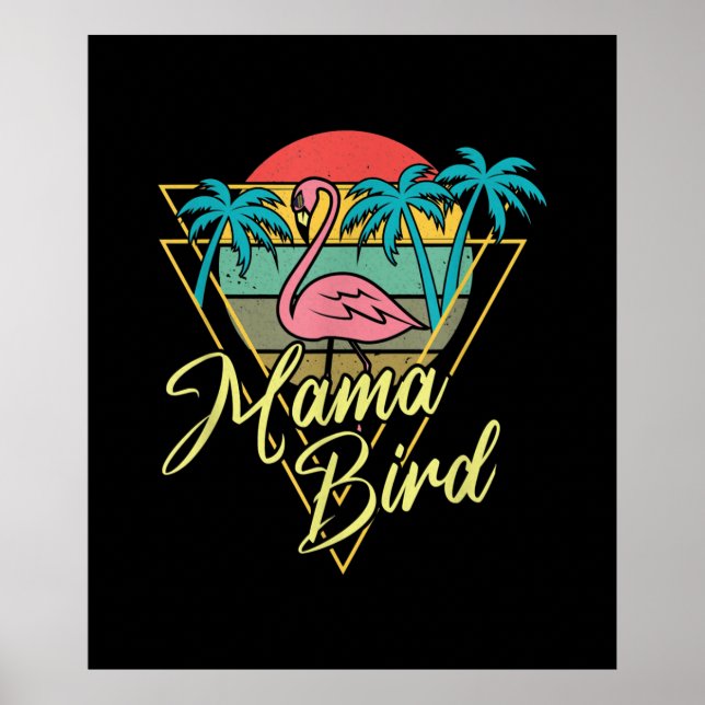 Mama Bird Flamingo Sunset Palm Tree Beach 80er Poster (Vorne)