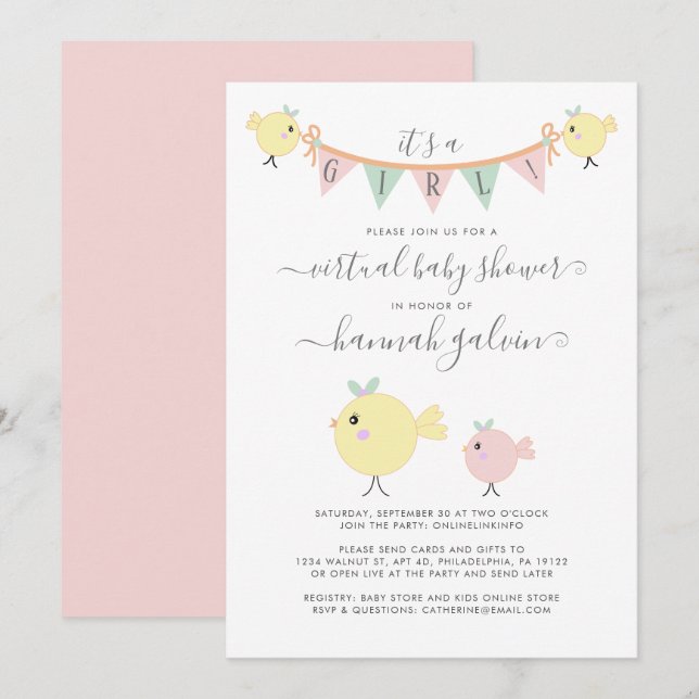 Mama Bird Little Chick Virtual Baby Girl Dusche Einladung (Vorne/Hinten)