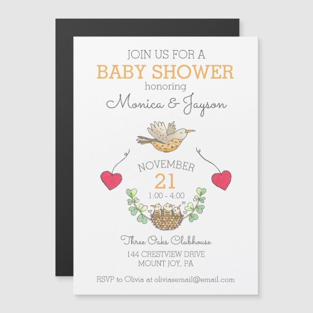 Mama Bird mit Herz und Nest Baby Dusche Magneteinladung (Vorne/Hinten)