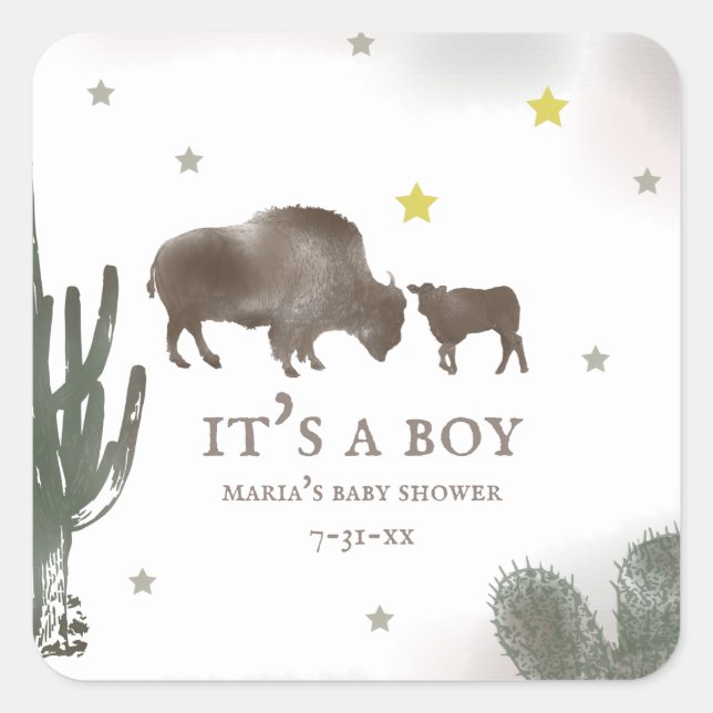 Mama Buffalo Cactus Boy Baby Shower Label Quadratischer Aufkleber (Vorderseite)