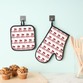 Mama Cherry Apron – Lustige Küchenschürze für Mama Ofenhandschuh & Topflappen-Set
